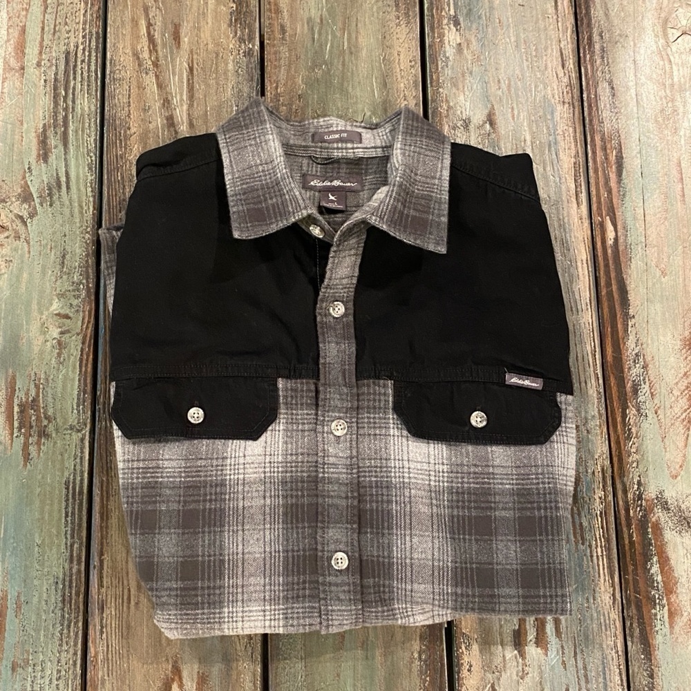 Eddie Bauer Flannel Canvas Shirt Long Sleeve Gray Plaid Mens Sz Large Outdoors